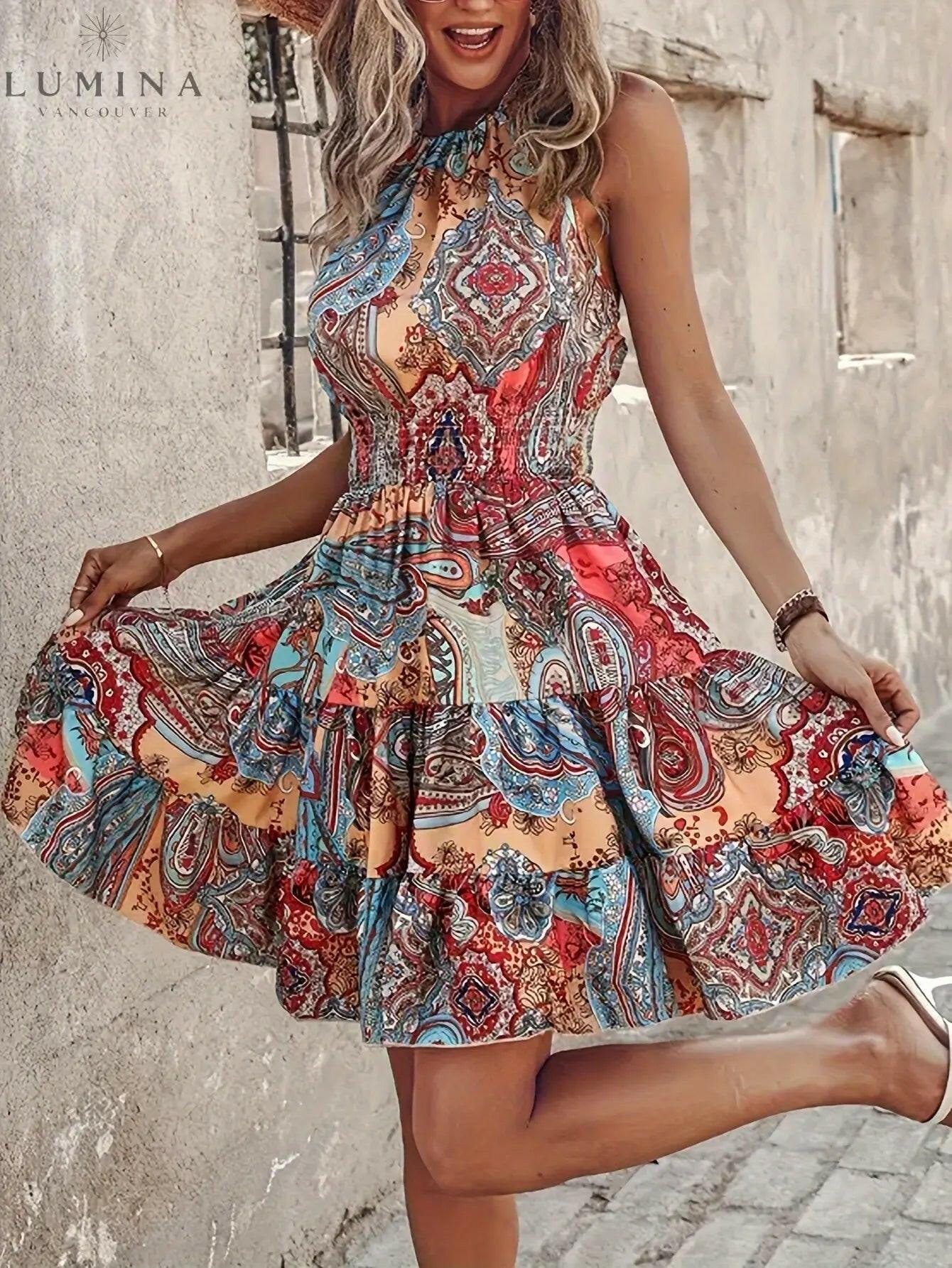 Bright tangerine red halter dress by Lumina Vancouver featuring a stylish silhouette and elegant design.