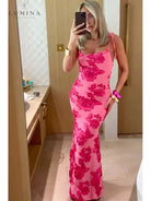Pink floral knot-strap dress by Lumina Vancouver, perfect for wedding guests, shown in a stylish, elegant design.