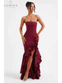 Lumina Wear Riviera sleeveless slit ruffle maxi dress in blue floral fabric, perfect for summer or wedding guest attire.