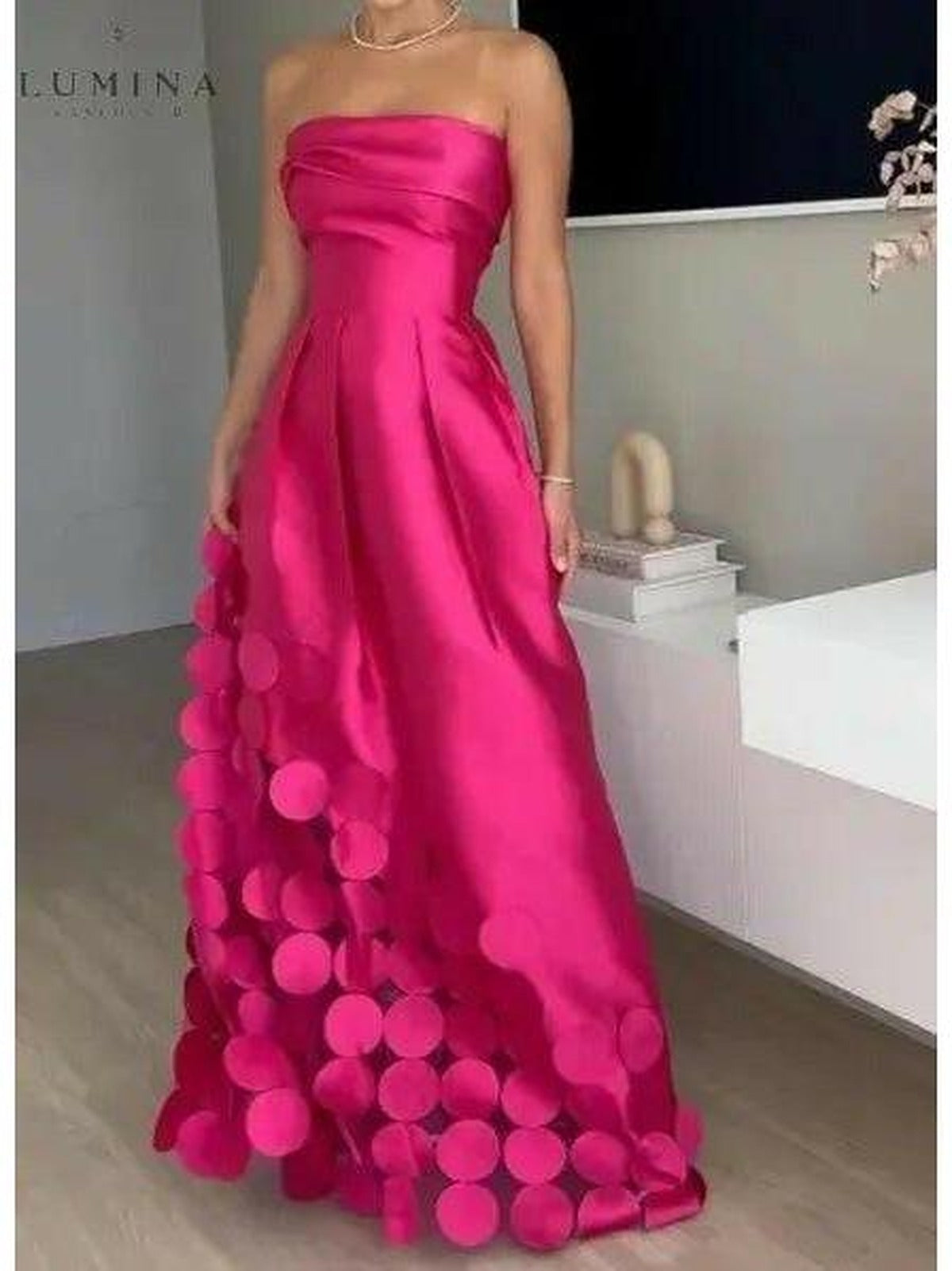 Lumina Wear Coraline long sheath circle evening dress, elegant floor-length gown with a fitted silhouette and stylish design.