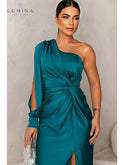 Lumina Wear Lenoir elegant evening dress in blue-green, featuring a flowing design perfect for formal occasions.