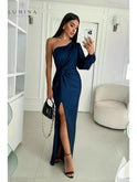 Lumina Wear Lenoir elegant evening dress in blue-green, featuring a flowing design perfect for formal occasions.