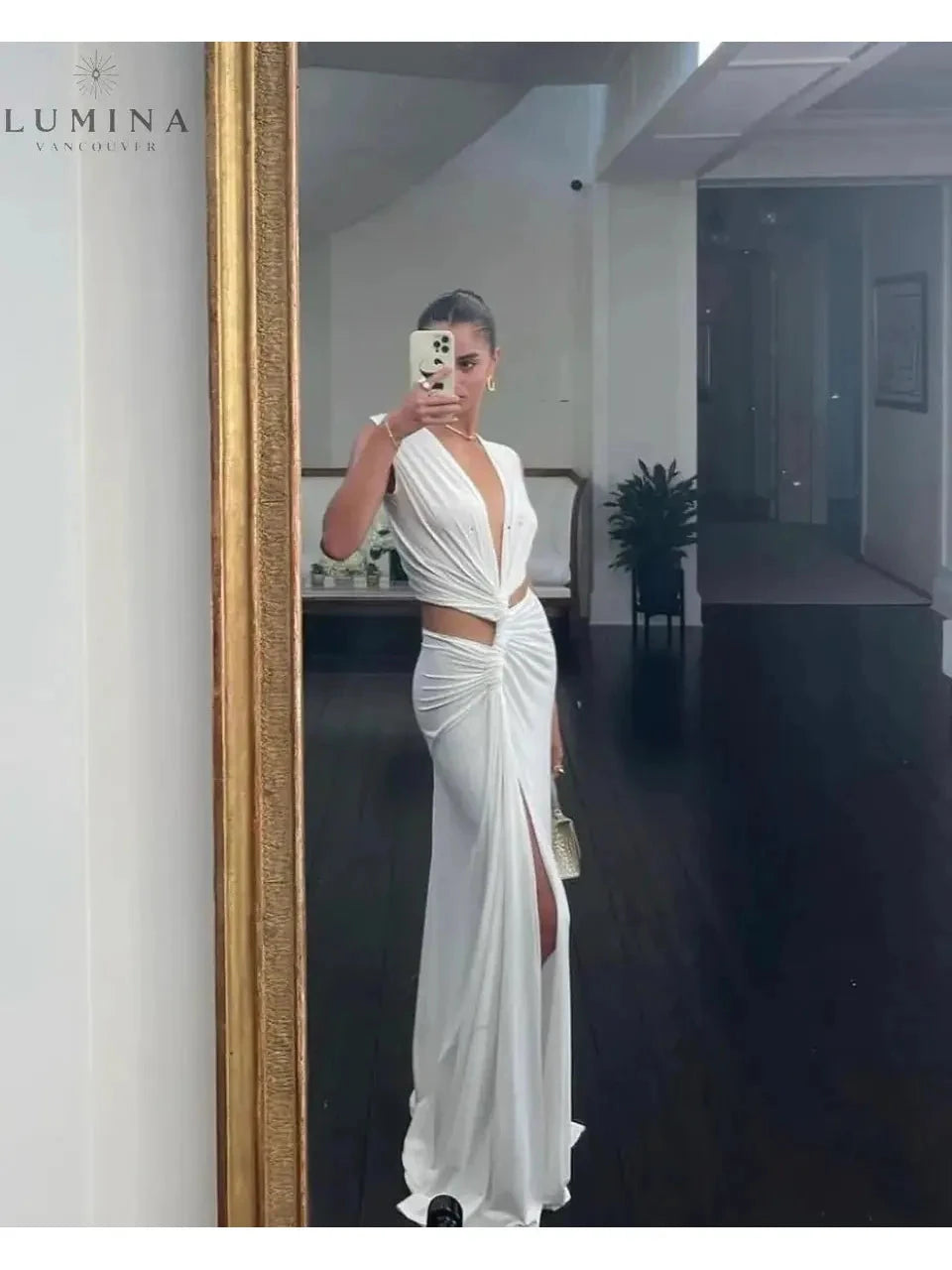 Lumina Wear Layla viral summer evening dress in green, styled for a wedding guest with elegant fabric and flattering fit.
