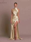 Lumina Wear Cleo Sleek Slit Gown, pink evening dress with a high slit, perfect for formal occasions and elegant events.