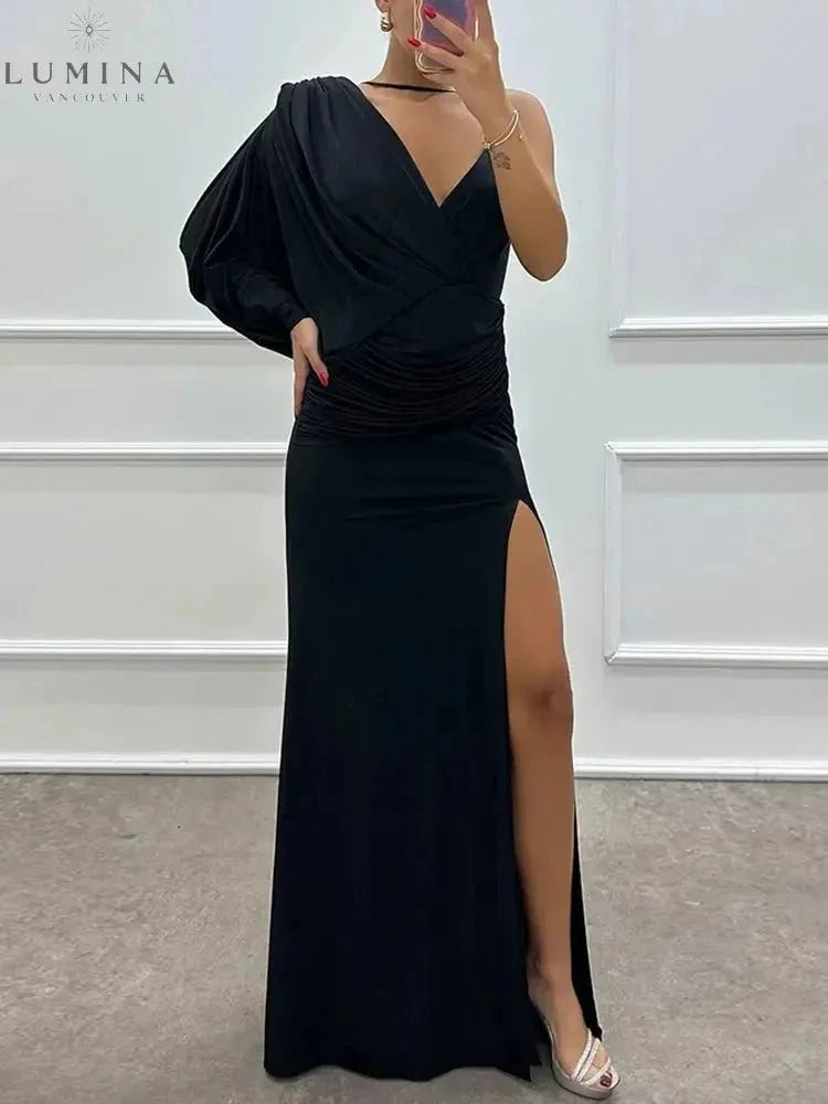 Pink Iliana one-shoulder gown by Lumina Vancouver, elegant wedding guest dress with a flattering one-shoulder design.