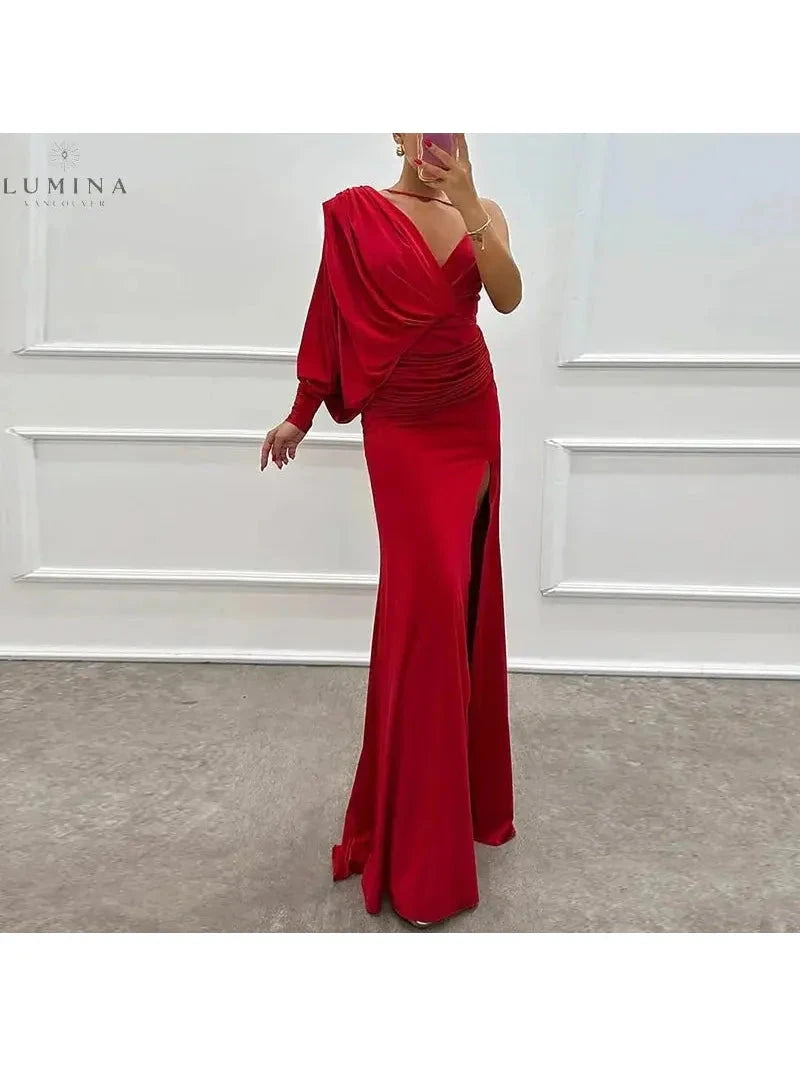 Lumina Vancouver Iliana pink one-shoulder gown, elegant wedding guest dress with flowing fabric and stylish design.