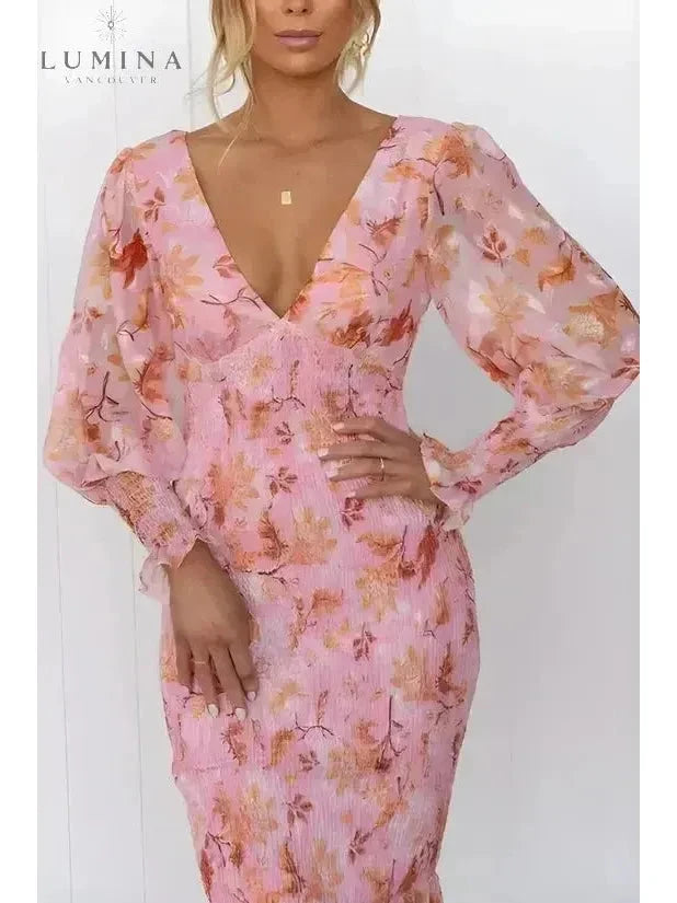Pink Milla flower dress by Lumina Vancouver, elegant wedding guest dress with floral design and flowing fabric.