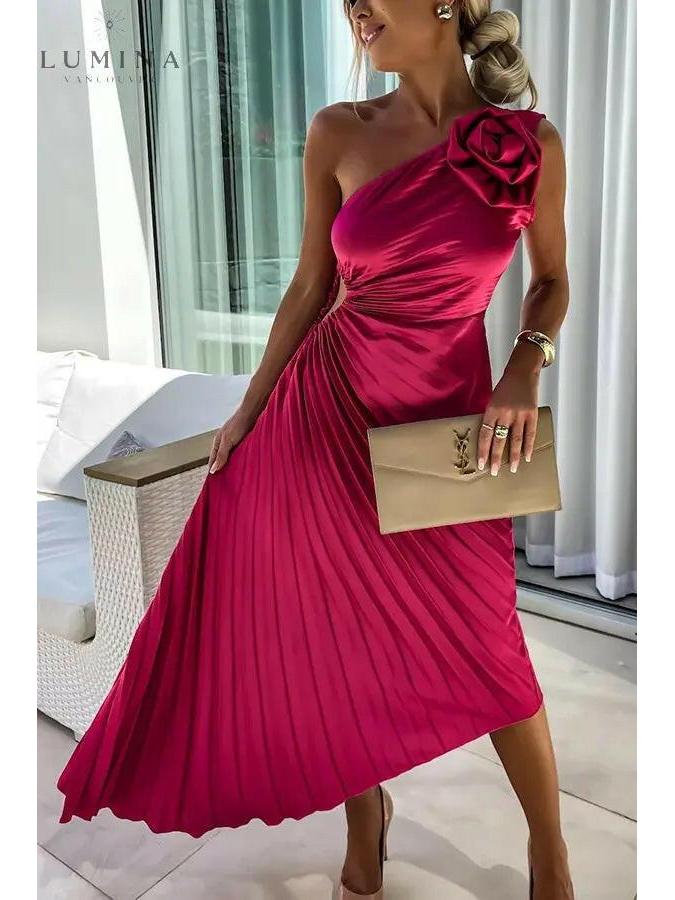 Red Lizbeth Romantic Flower Dress by Lumina Vancouver, elegant wedding guest dress with floral details and flowing design.