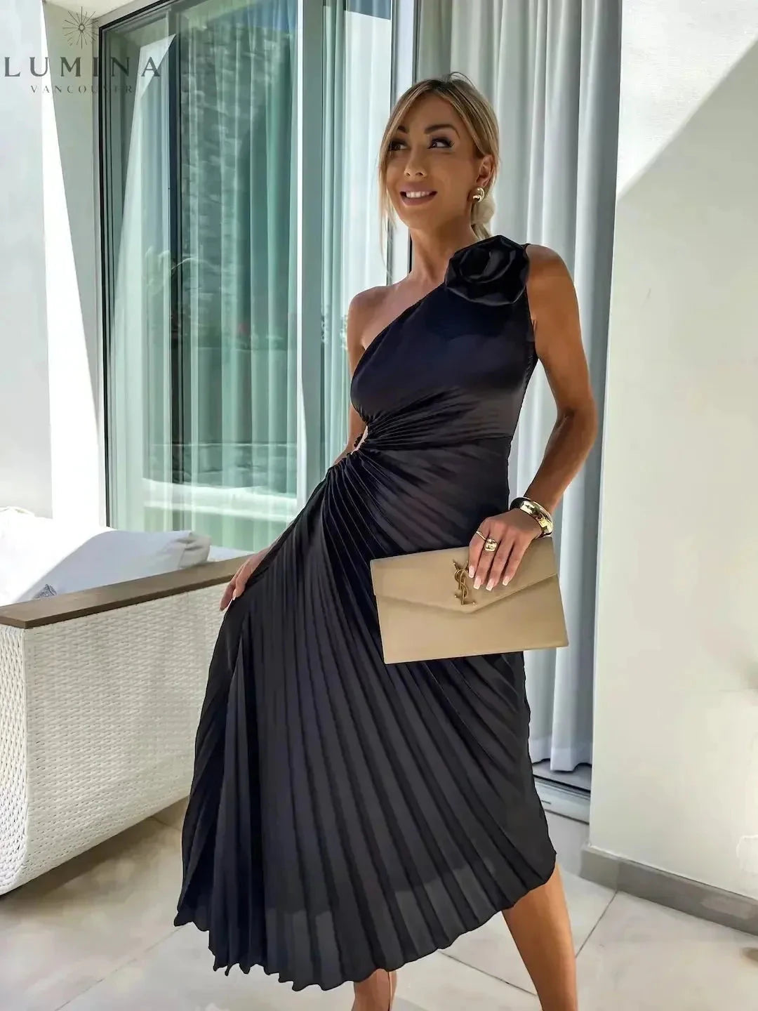 Red Lizbeth Romantic Flower Dress by Lumina Vancouver, elegant wedding guest dress with floral details and a flattering fit.
