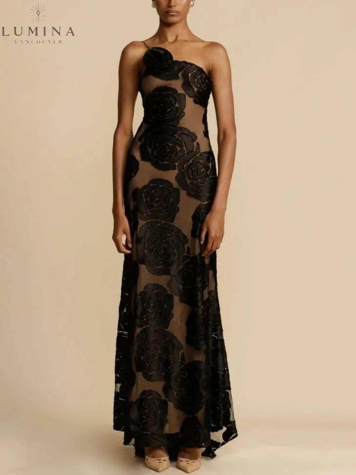 Sara Flower Maxi Dress by Lumina Wear, elegant evening dress with floral pattern, perfect for special occasions and weddings.