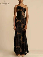 Sara Flower Maxi Dress from Lumina Vancouver, elegant floral wedding guest dress with flowing fabric and vibrant floral pattern.