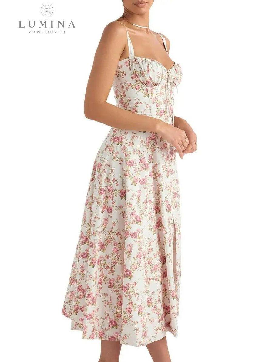 Lumina Vancouver Venura spring wedding guest dress in white with floral print, size 6-8, XS, elegant and lightweight.