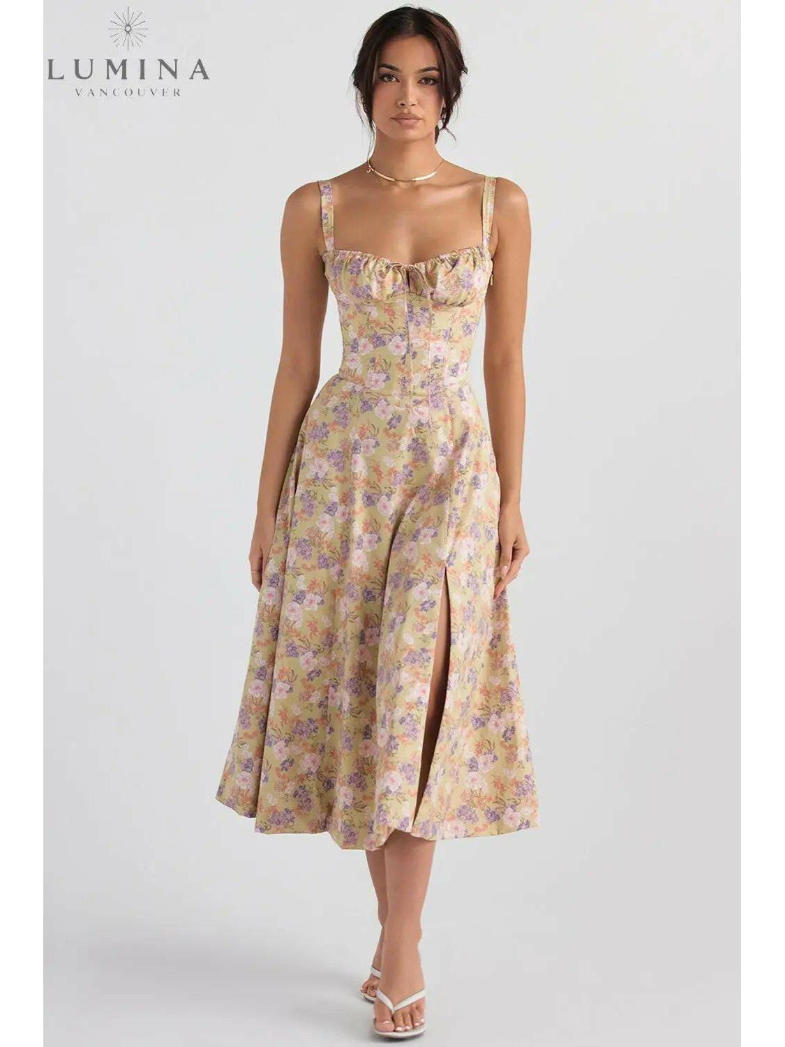 Lumina Vancouver Venura spring wedding guest dress in white with floral print, perfect for elegant daytime events.