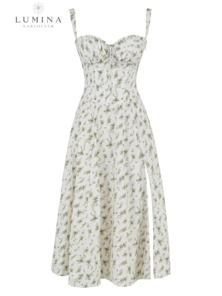 Lumina Vancouver Venura spring wedding guest dress with white flower print, size 6-8, XS, lightweight and elegant for outdoor events.