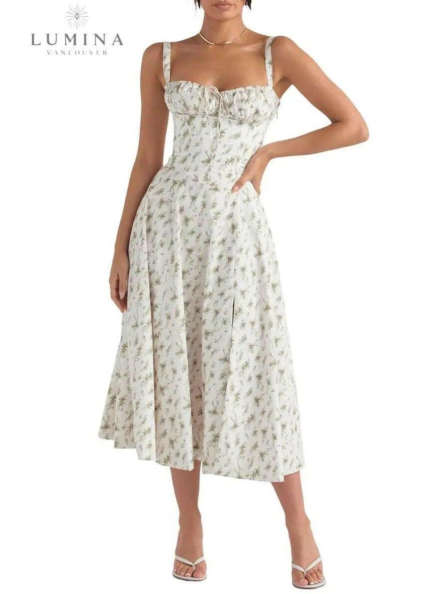 White flower print Venura spring dress by Lumina Vancouver, perfect for wedding guests, shown in size 6-8 XS.
