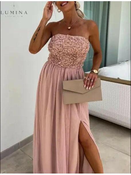 Lumina Vancouver Dorothy one-shoulder flowy maxi dress, white wedding guest dress with elegant draping and lightweight fabric.