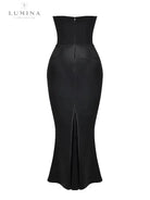 Lumina Vancouver Unn Noir black satin maxi dress, elegant wedding guest dress with sophisticated style and flowing silhouette.