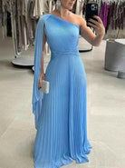 Yellow Dalila off-shoulder pleated maxi dress by Lumina Vancouver, elegant wedding guest dress with flowing fabric.