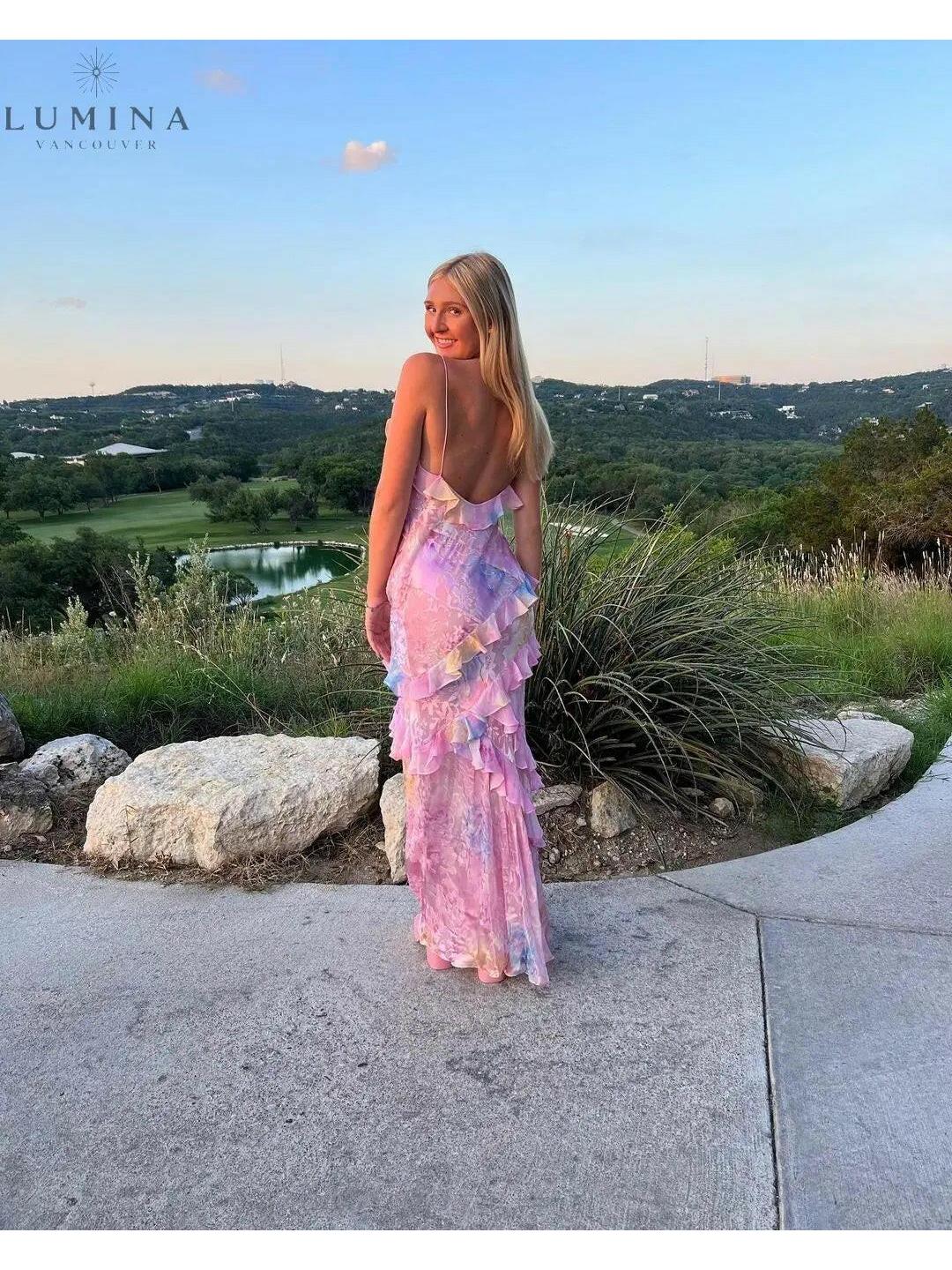 Lumina Vancouver Darcel sleeveless long pink wedding guest dress, elegant floor-length design for special occasions.