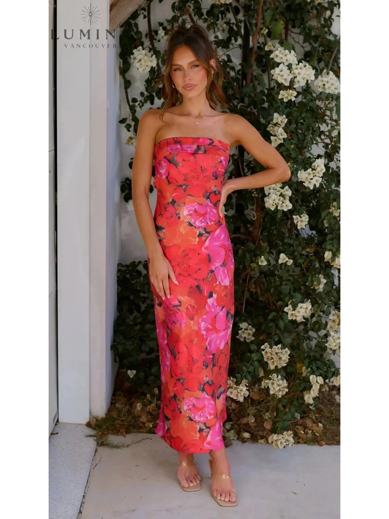 Lumina Vancouver Jacyntha strapless summer chic dress for wedding guests, vibrant red with elegant style, perfect for warm-weather events.
