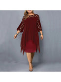 Plus size purple midi dress by Lumina Wear, featuring a flattering fit and elegant design, worn by a woman in the image.