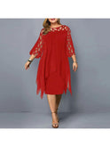 Purple Annika plus size midi dress by Lumina Wear on a woman, featuring a flowy silhouette and stylish design.