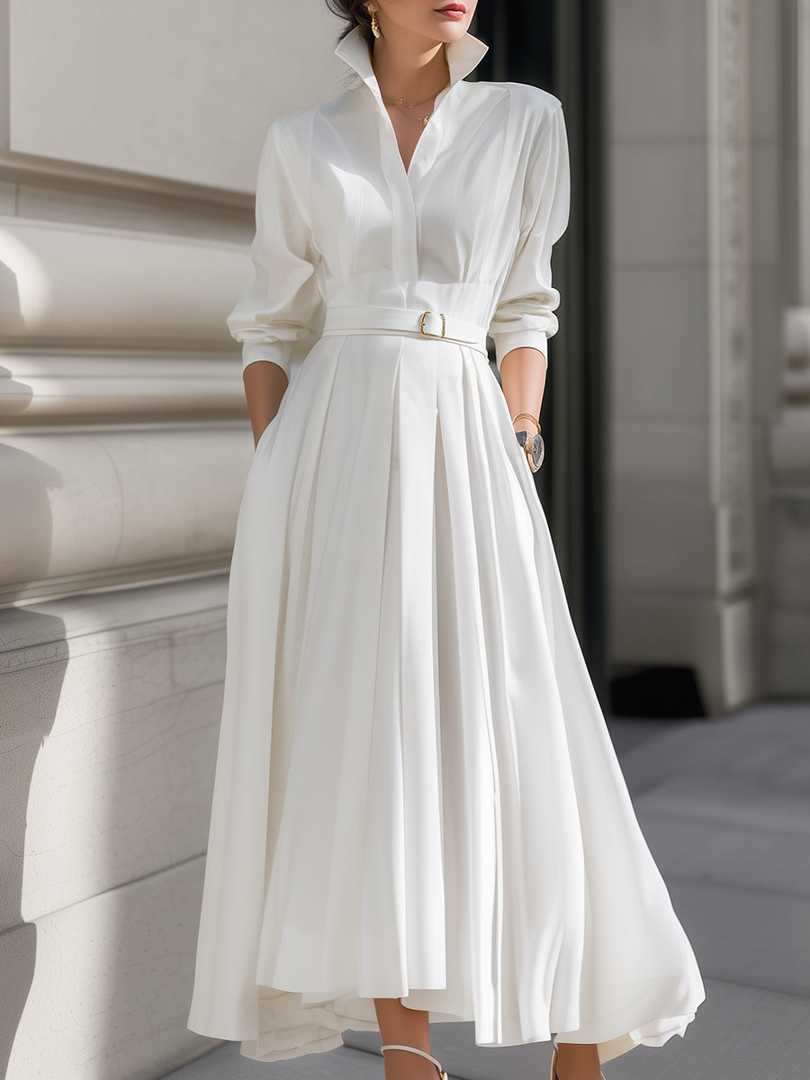 White Ismay belted shirt dress with pleated skirt by Lumina Wear, featuring a maxi length and stylish design.