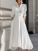 White Ismay belted shirt dress with pleated skirt by Lumina Wear, featuring a maxi length and stylish design.