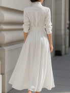 White Ismay belted shirt dress with pleated skirt by Lumina Wear, featuring a maxi length and casual elegant style.