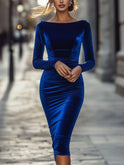 Royal blue Luna velvet boat neck bodycon dress by Lumina Wear, fitted style with elegant boat neckline and soft velvet fabric.