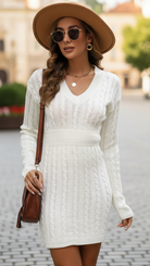White Luna Cable Knit V-Neck Sweater Dress by Lumina Vancouver, mini length with cozy knit texture, perfect for casual or layered looks.