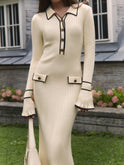 Lumina Wear Luna contrast trim midi dress with button details, ivory color, short sleeves, perfect for casual or semi-formal wear.