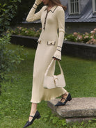 Ivory Luna Contrast Trim Midi Dress by Lumina Vancouver with button details, showcasing elegant design and stylish fit.