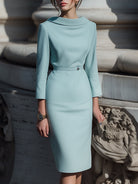 Blue Luna Draped Collar Pencil Midi Dress by Lumina Wear, featuring a fitted silhouette and elegant draped collar detail.