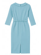 Blue Luna Draped Collar Pencil Midi Dress by Lumina Wear, showcasing elegant design and fitted silhouette.