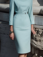 Blue Luna Draped Collar Pencil Midi Dress by Lumina Wear, showcasing a fitted silhouette and elegant design.