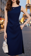 Navy blue Luna Colorblock Sheath Midi Dress by Lumina Wear, featuring a fitted silhouette and stylish colorblock design.