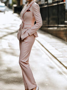 Lumina Wear Dinah pink tweed skirt suit with pearl trim, soft pink set featuring a stylish tailored blazer and matching skirt.