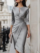 Lumina Wear Gwendolyn satin drape midi dress with keyhole detail in silver, featuring elegant design and fitted silhouette.