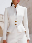 White Lumina Wear Harriet blazer with stand collar, peplum design, gold buttons, tailored fit, perfect for professional or stylish looks.