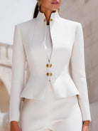 White Lumina Wear Harriet blazer with stand collar, peplum design, gold buttons, tailored fit, perfect for professional or stylish looks.