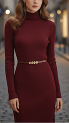 Lumina Vancouver burgundy stretch cotton turtleneck mini dress with long sleeves, fitted silhouette, and ankle-length style.