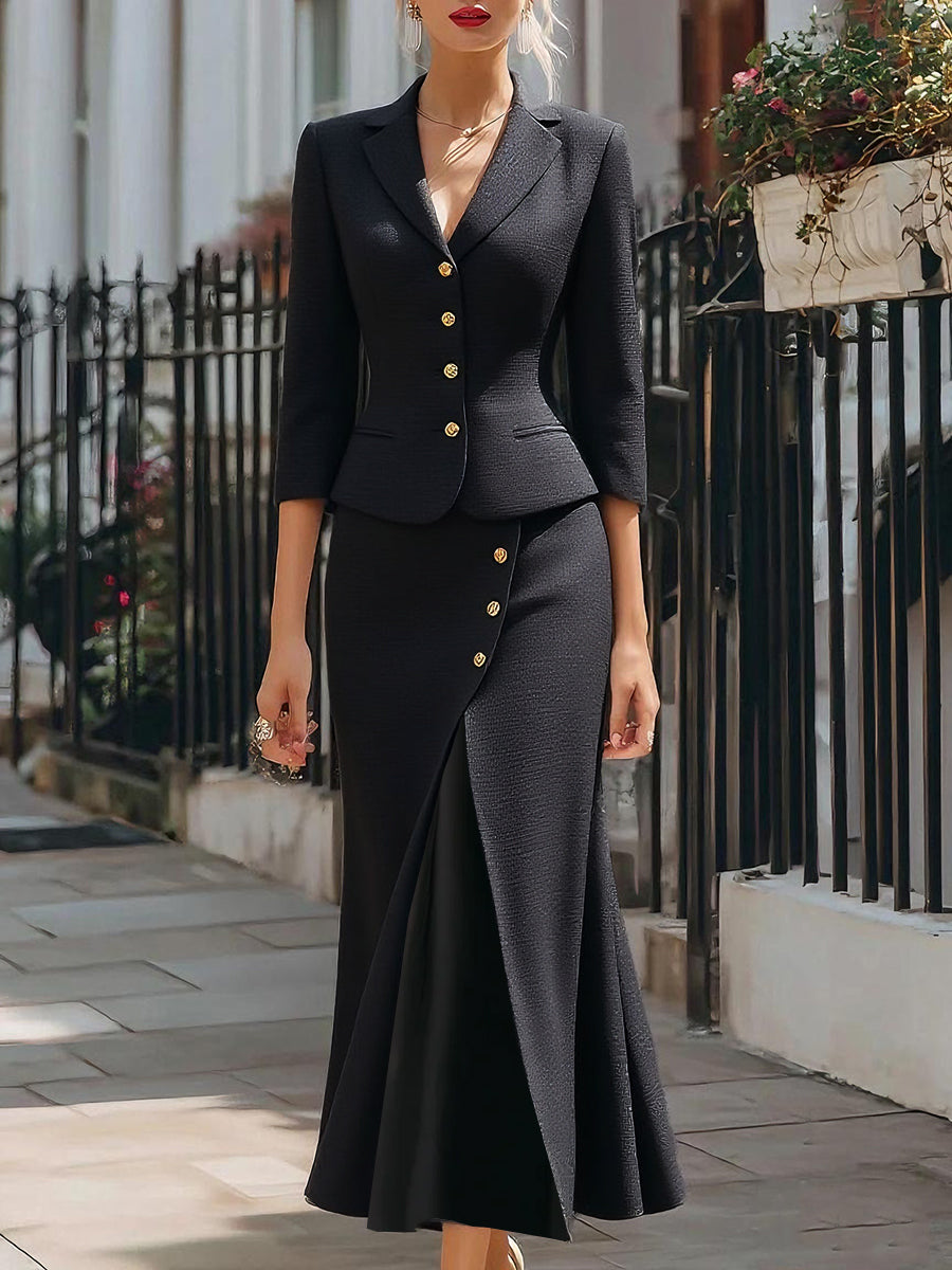 White textured peplum blazer and midi skirt set by Lumina Wear, stylish and elegant women’s fashion, shown on a model.