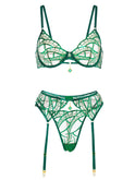 Green metallic foil lace lingerie set by Lumina Wear, includes bra, panties, and garter belt, featuring luxurious lace details.