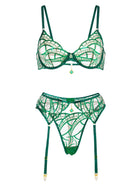 Luxe green metallic foil lace lingerie set by Lumina Vancouver, 3-piece satin, lace, and foil detail with matching bra, panties, and garter.
