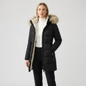 Beige Lydia Lumina Wear longline puffer coat with faux-fur hood, cozy and stylish winter outerwear.