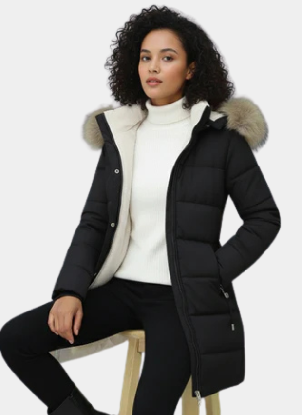 Beige Lydia Lumina Wear longline puffer coat with faux-fur hood, cozy and stylish winter outerwear for cold weather.