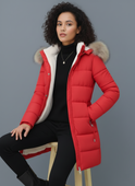 Beige Lydia Lumina Wear longline puffer coat with faux-fur hood, cozy and stylish winter outerwear for cold weather.
