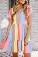 Multicolor Lyra casual tiered knee-length mini dress by Lumina Wear, featuring a relaxed fit and vibrant design.
