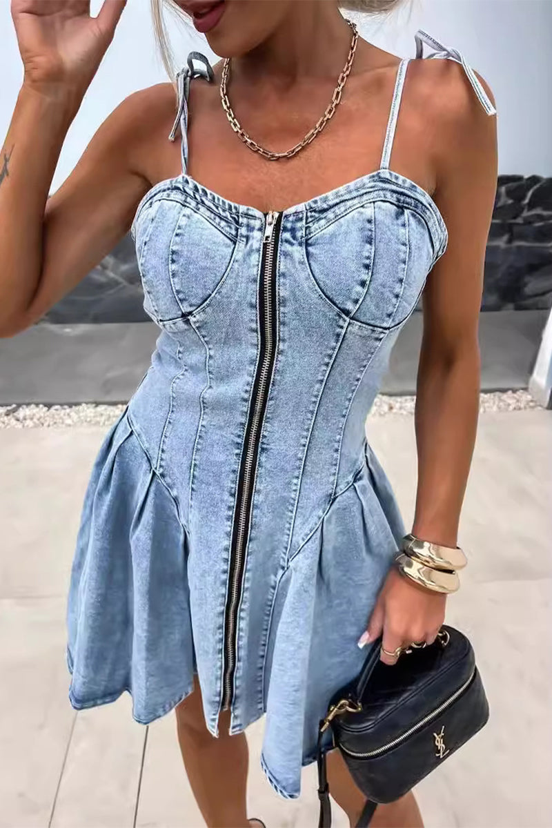 Lyra | Denim Dress Front Zipper Bow Strap - Lumina Vancouver - Lumina Vancouver